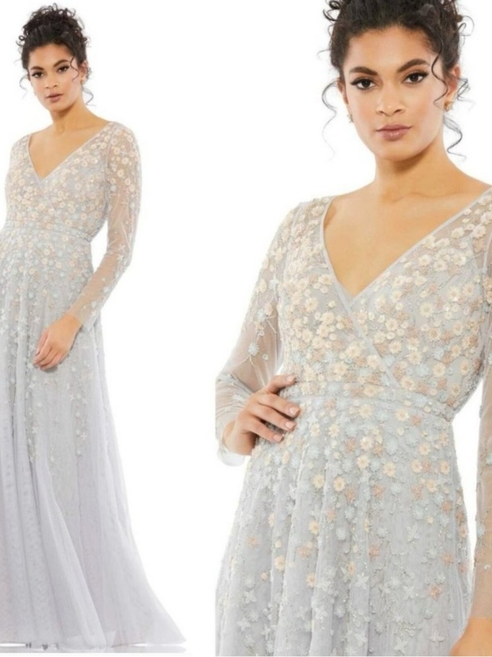MAC DUGGAL Embellished Wrap Over Illusion Long Sleeve A Line Gown